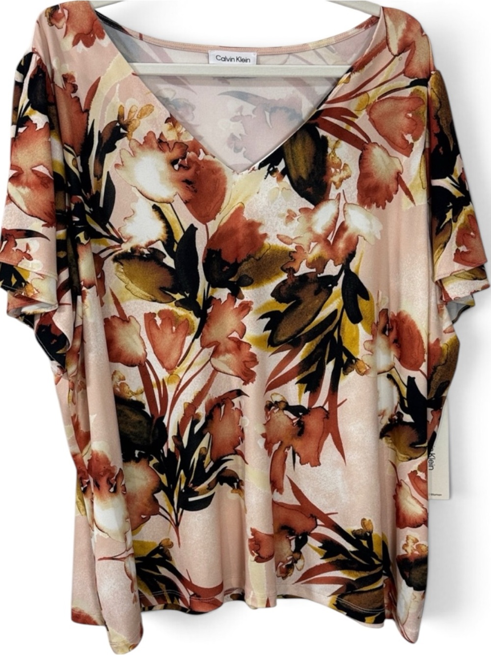 Calvin Klein Peach Floral Plus Size Flutter-Sleeve Top w/ Black, Orange, Yellow